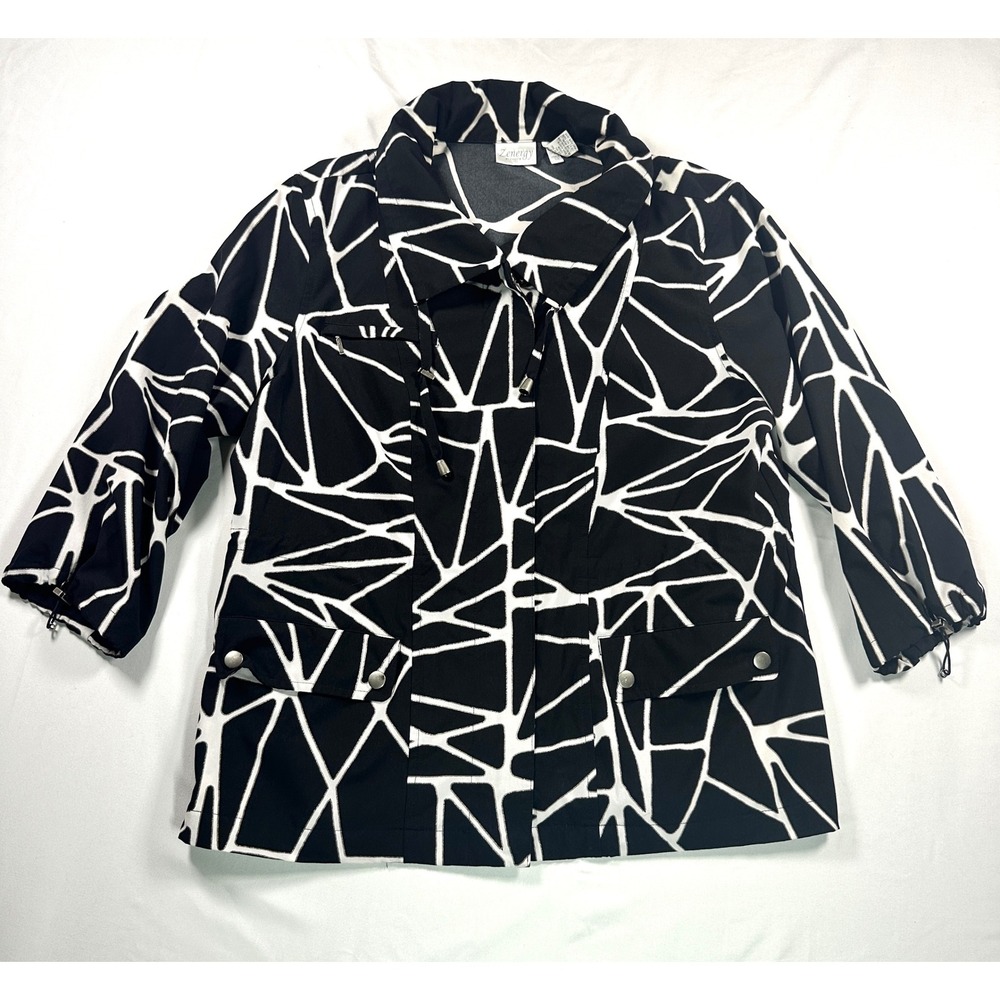 Zenergy by Chico's Black White Geometric Abstract Full Zip Jacket Size 2 L
